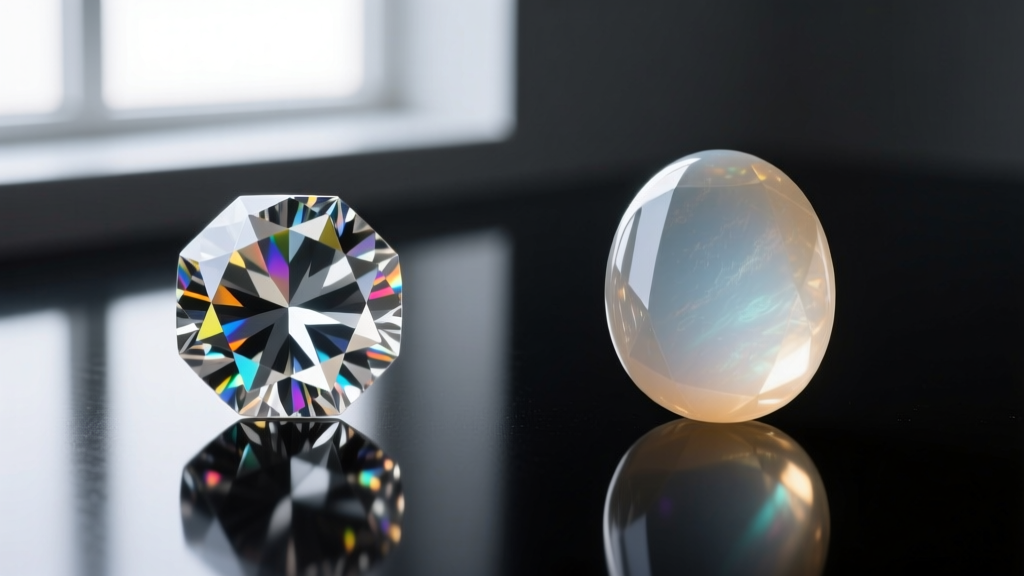 Side-by-side sketch of a brilliant-cut gemstone and a cabochon stone, highlighting light reflection angles and shading methods.