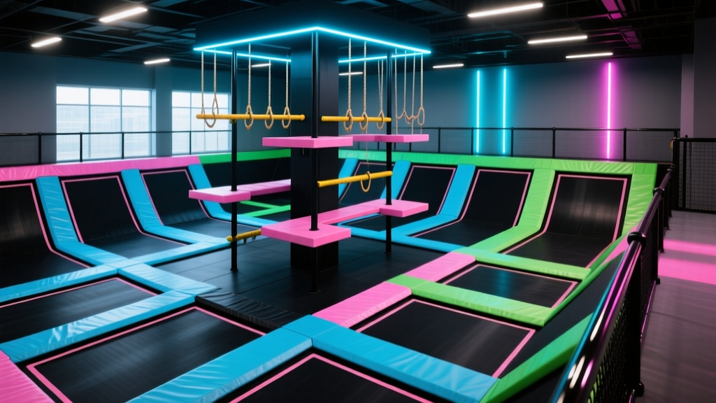 Interior of a commercial trampoline park with neon LED lighting, interconnected black mats, and a multi-level ninja warrior course