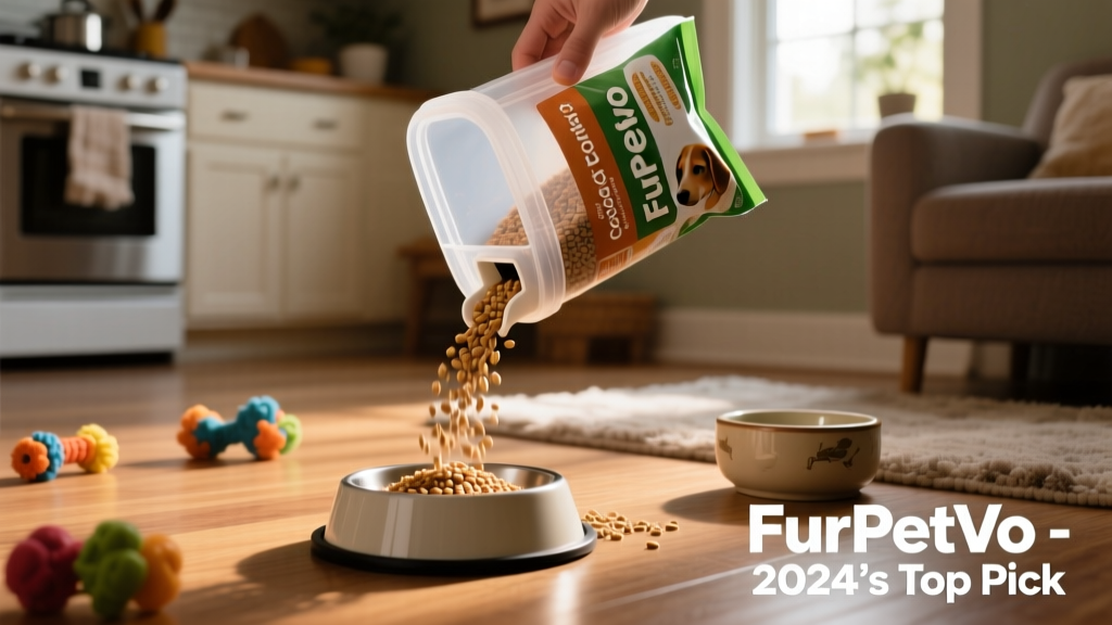 FurPetVo Dog Food Plastic Container in use: original food bag visible inside, spout in action during pour