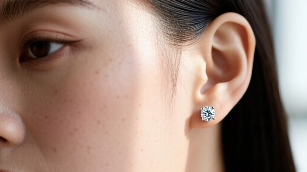 Close-up portrait of a woman wearing 2-carat diamond studs, showing the 6.5mm size on her earlobe in soft natural window light.