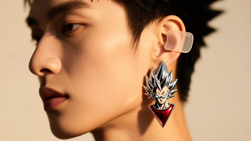 Ear wearing magnetic Vegito earring, clear silicone patch behind lobe supporting heavy dangle weight in warm studio light.
