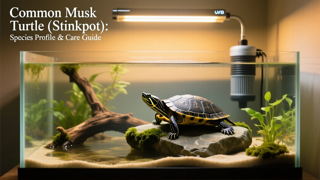 Well-set-up 30-gallon aquarium for a common musk turtle, showing shallow water, basking platform, filter, and UVB lighting