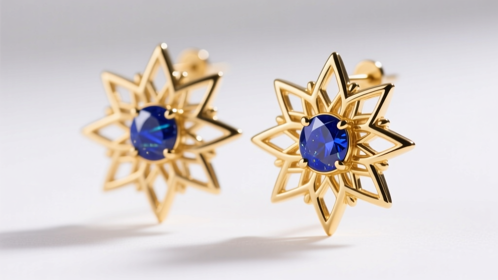 Close-up of 18k gold sunburst earrings with a central bezel-set lapis lazuli gemstone under soft studio lighting.