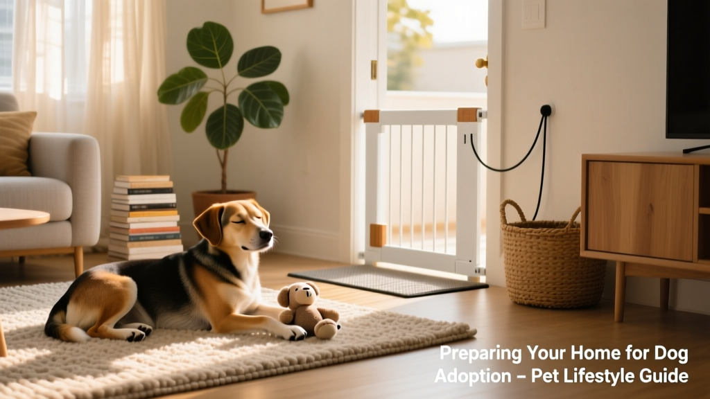 A calm, well-organized living room with a dog lying peacefully on a rug, baby gates partially visible at the doorway