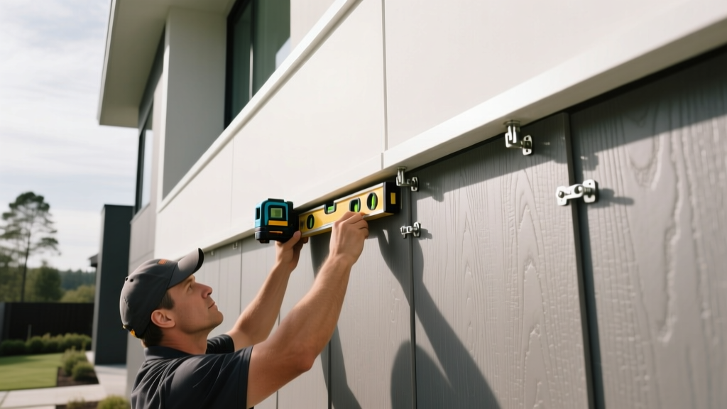 Installer aligning Nichiha fiber cement architectural panels on a modern exterior using a laser level and hidden fastener clips
