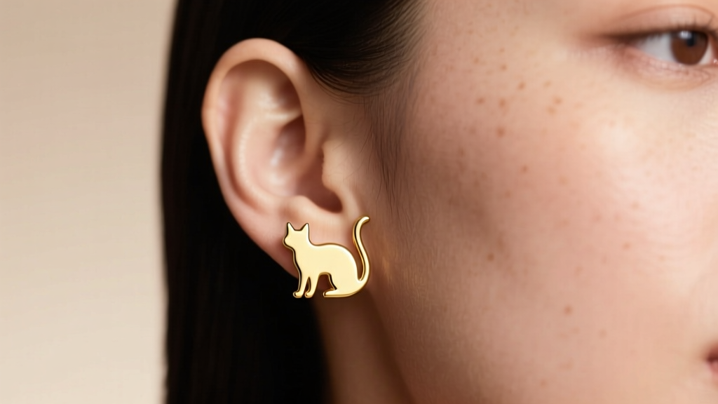 Close-up of a woman wearing minimalist 14k solid gold cat silhouette stud earrings on her lower lobes, soft natural lighting