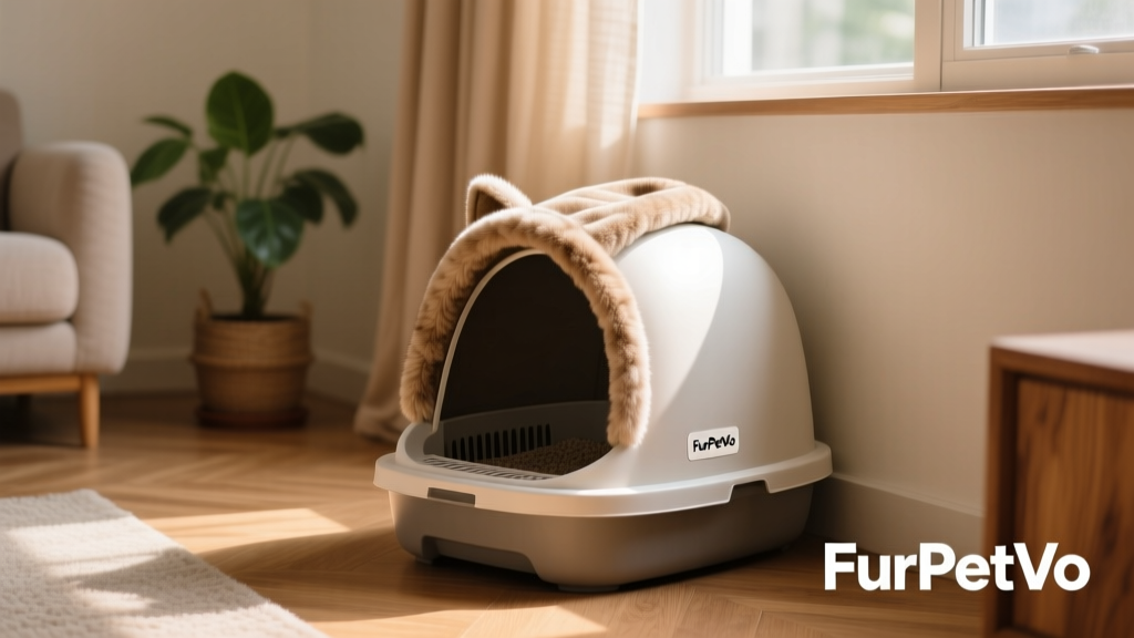 FurPetVo hooded corner litter box nestled discreetly in a home corner, with soft lighting highlighting its compact, covered design