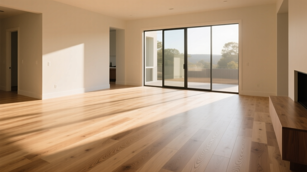 Wide plank white oak hardwood flooring in a sunlit modern living room, showcasing natural grain variations and a matte polyurethane finish