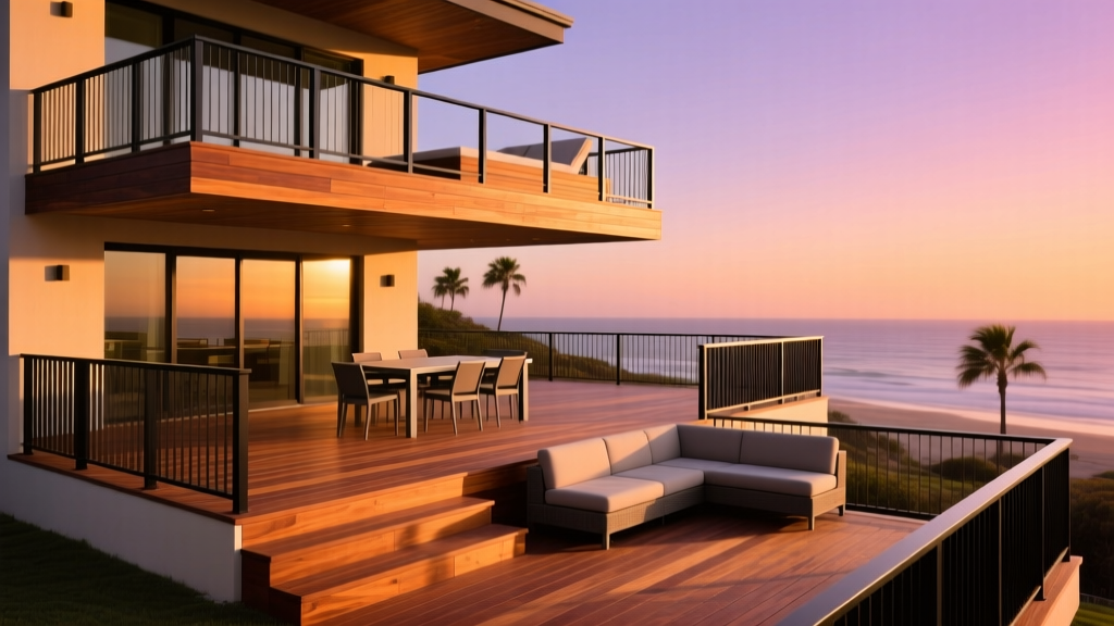 Vibrant multi-level composite deck featuring Trex Transcend Lineage Biscayne and Spiced Rum boards with black aluminum railings at sunset