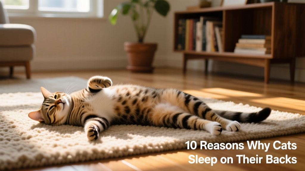 A relaxed tabby cat lying on its back on a sunlit rug, paws gently extended