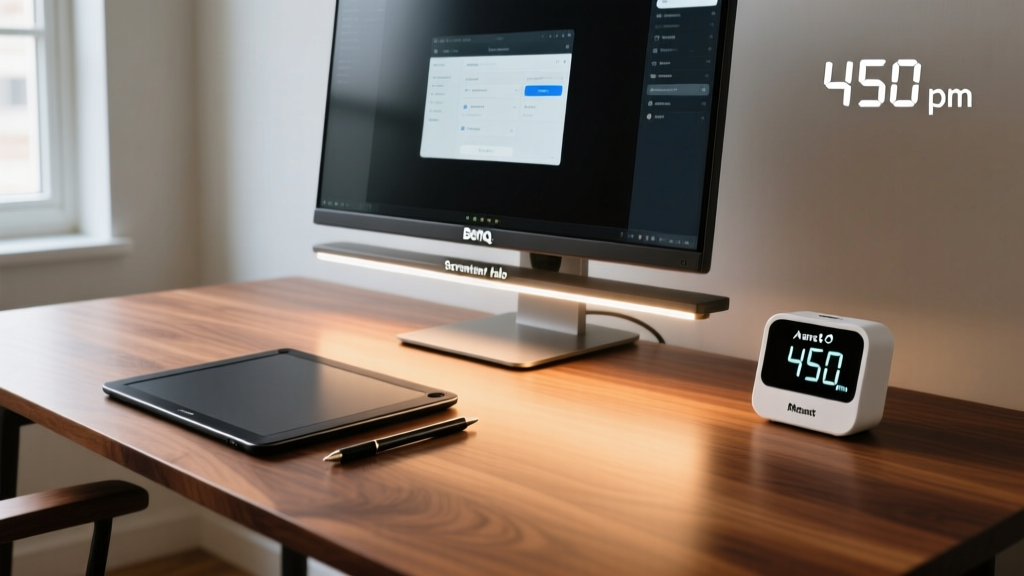 Walnut desk with BenQ ScreenBar Halo illuminating a monitor, Aranet4 CO2 monitor showing 450ppm, and reMarkable Paper Pro