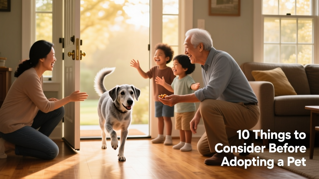 A joyful family welcoming a gentle senior dog into their home