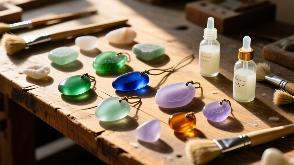 A rustic wooden workbench displaying an array of frosted sea glass pendants in various colors, surrounded by soft bristle brushes and mild cleaning solutions in small glass dropper bottles, bathed in warm natural sunlight.