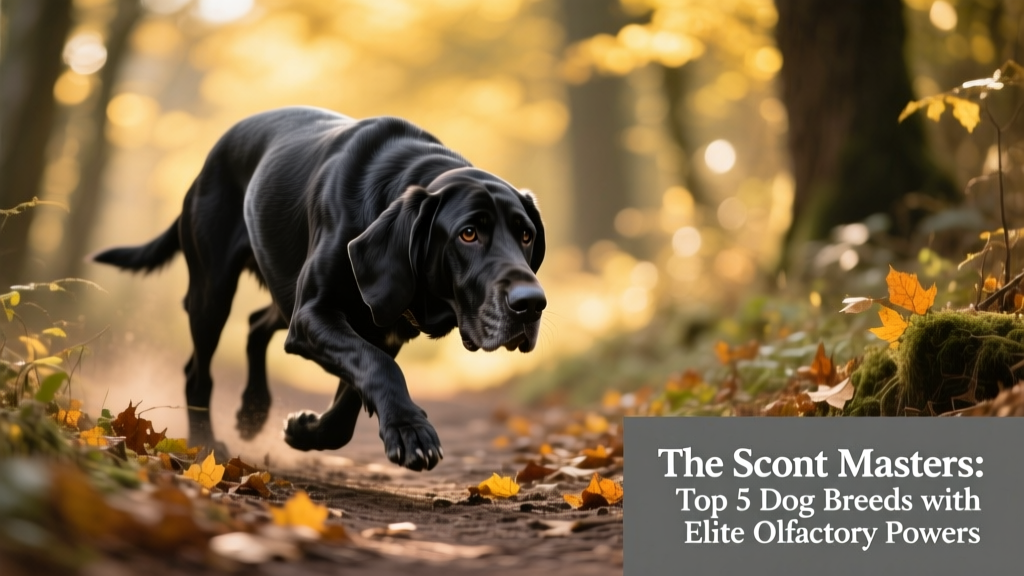 A Bloodhound tracking a scent trail in a wooded area, head low and focused