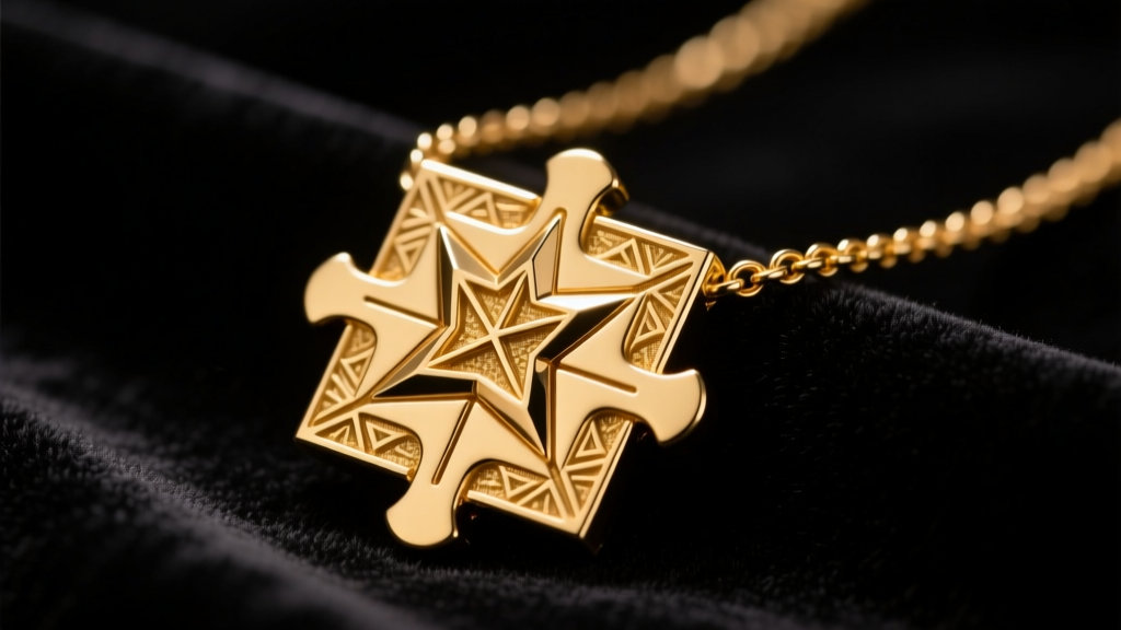 Close-up of a gold-plated brass YuGiOh Millennium Puzzle necklace resting on dark velvet under warm, focused studio lighting.