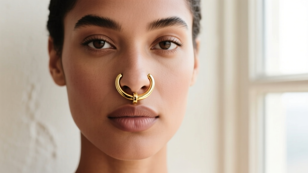 Profile of a model wearing an 18k gold nose hoop, highlighting the seamless clicker closure and mirror finish on natural skin.