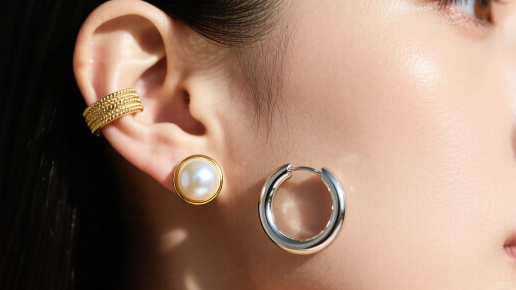 A modern asymmetrical ear stack featuring a vintage 14k gold pearl ear cuff paired with contemporary minimalist huggie hoops.