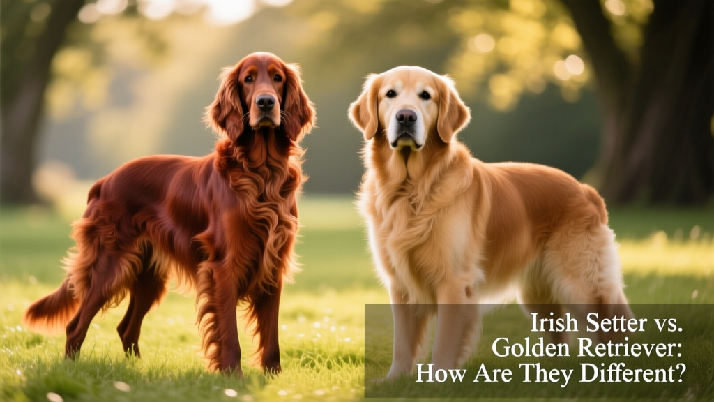 Side-by-side comparison of an Irish Setter and a Golden Retriever standing on grass, highlighting coat color, texture, and body structure