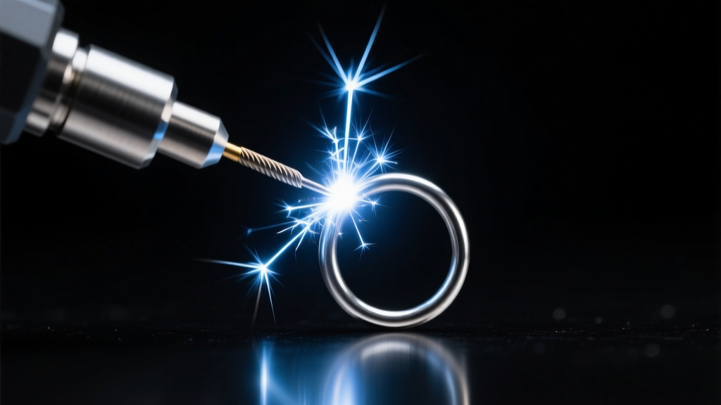 Side profile of a micro-welder electrode touching a 20-gauge steel jump ring, creating a tiny bright spark in a dark studio room.