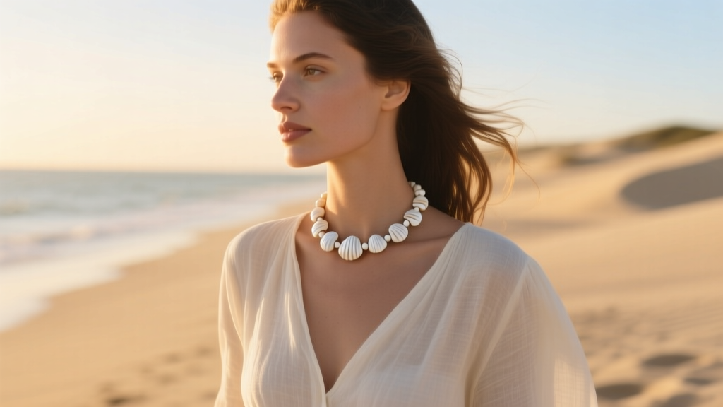 Woman wearing an 18-inch white puka shell choker and linen blouse, soft natural lighting against a blurred sandy beach background.