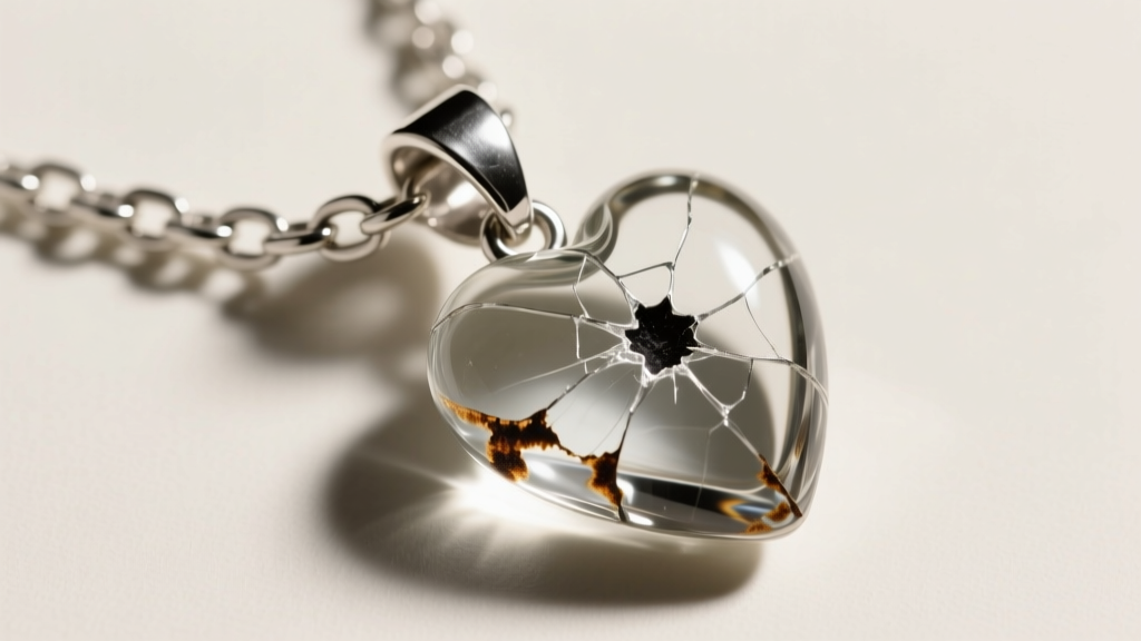 Sterling silver box chain and bail on a glass heart pendant, showing dark oxidation trapped in the intricate metal crevices.