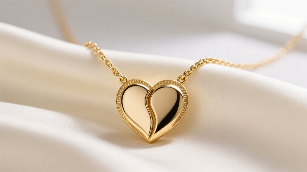 14k gold split-heart pendant necklace on cream silk, soft lighting highlighting the fine cable chain and delicate metal texture.