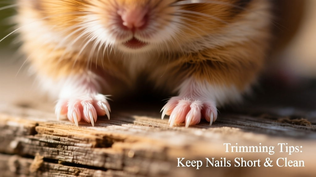 Close-up of a hamster’s front paws showing healthy, well-trimmed nails on a wooden surface