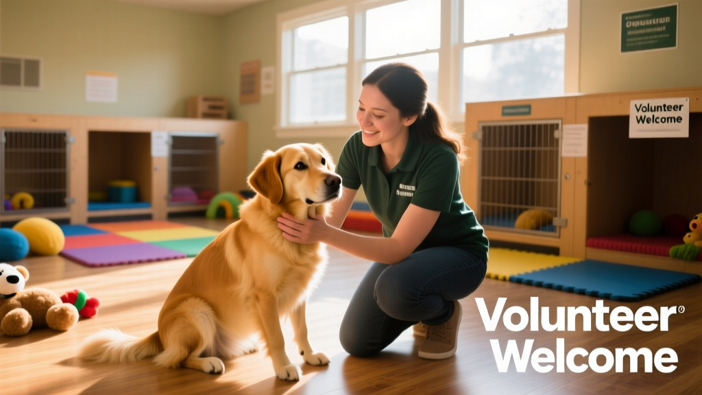Volunteer gently petting a calm dog in a sunny shelter play area