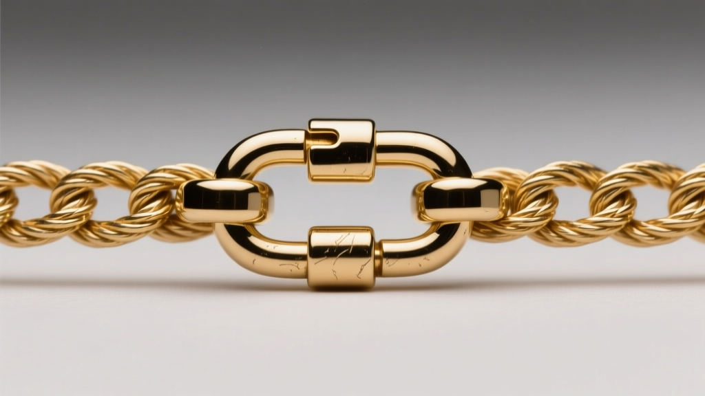 Extreme close-up of a 1.2mm gold-filled rope chain with a secure lobster clasp, highlighting sturdy metal texture and joints.
