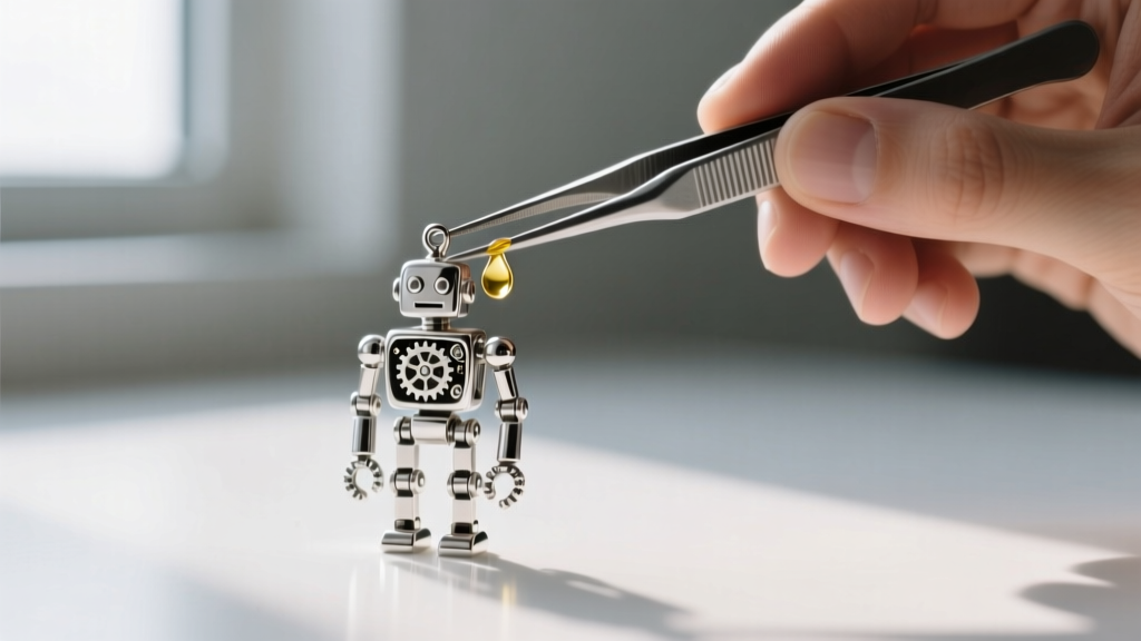 Jeweler using precision tweezers and a micro-drop of synthetic oil to lubricate a stuck shoulder joint on a silver robot charm.
