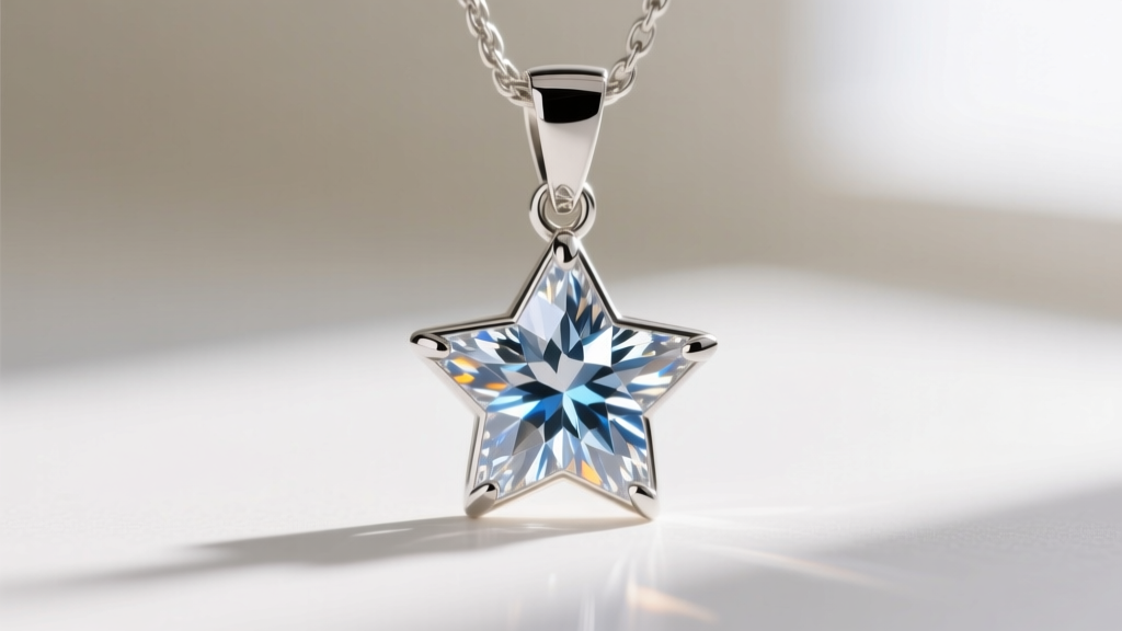 Extreme close-up of a 0.8mm bezel-set moissanite star on a zodiac pendant, polished with a soft micro-brush under bright light.