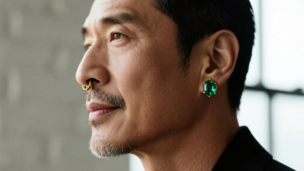 Side profile of a man with a conch piercing wearing a 14-gauge gold threadless labret topped with a raw emerald.
