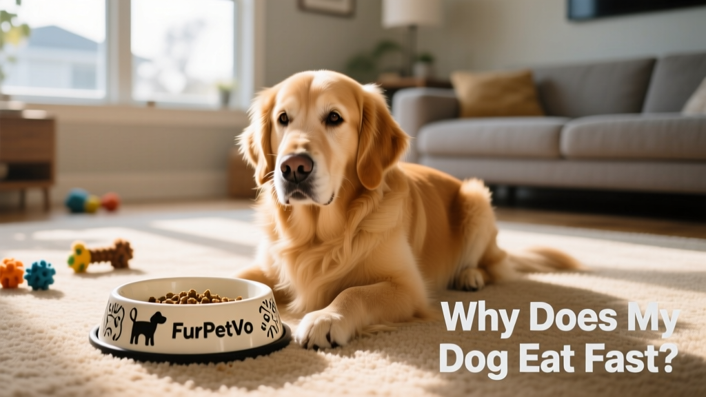 A happy, relaxed dog sitting beside an empty FurPetVo slow feeder bowl after finishing a calm, paced meal
