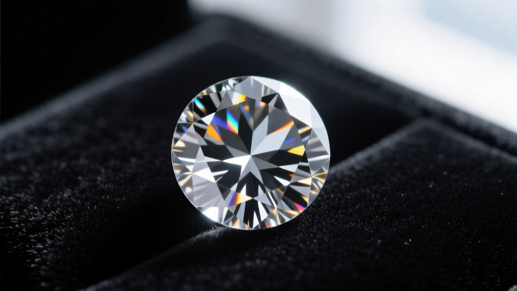 Macro shot of a loose round brilliant lab-grown diamond on dark velvet, highlighting precise cut facets and bright light return.