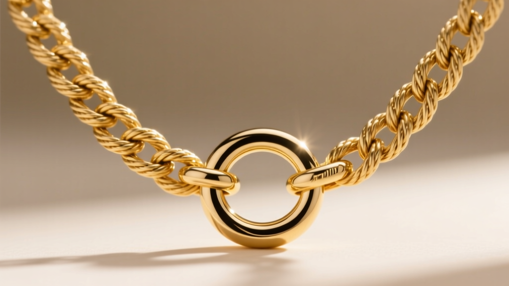 Close up of a 12mm gold rope chain with a heavy pendant at mid-chest, showing bail size and link texture in bright natural light