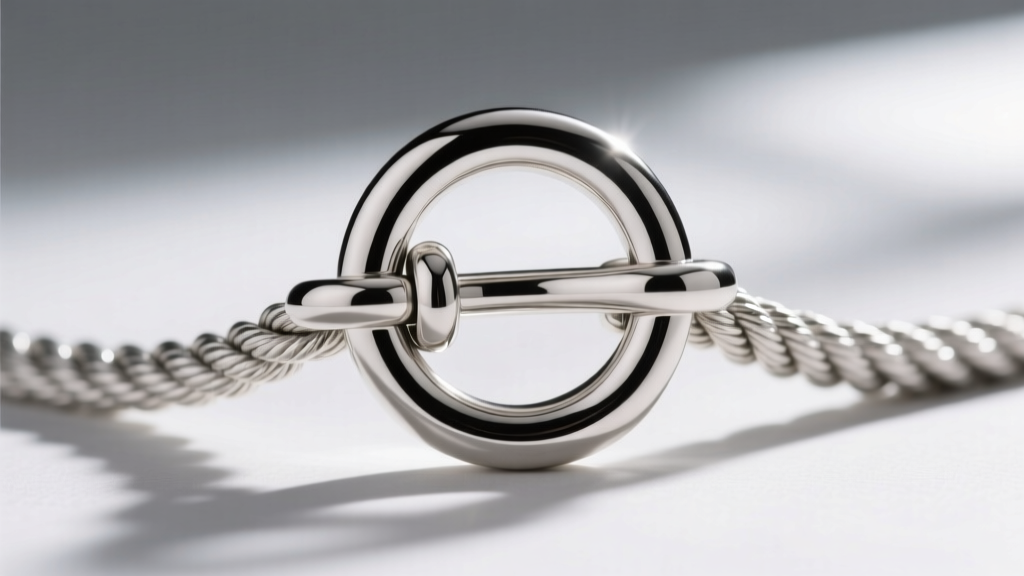 Macro shot of a sterling silver toggle clasp, showing the T-bar inside the circular O-ring on a thick silver rope chain.