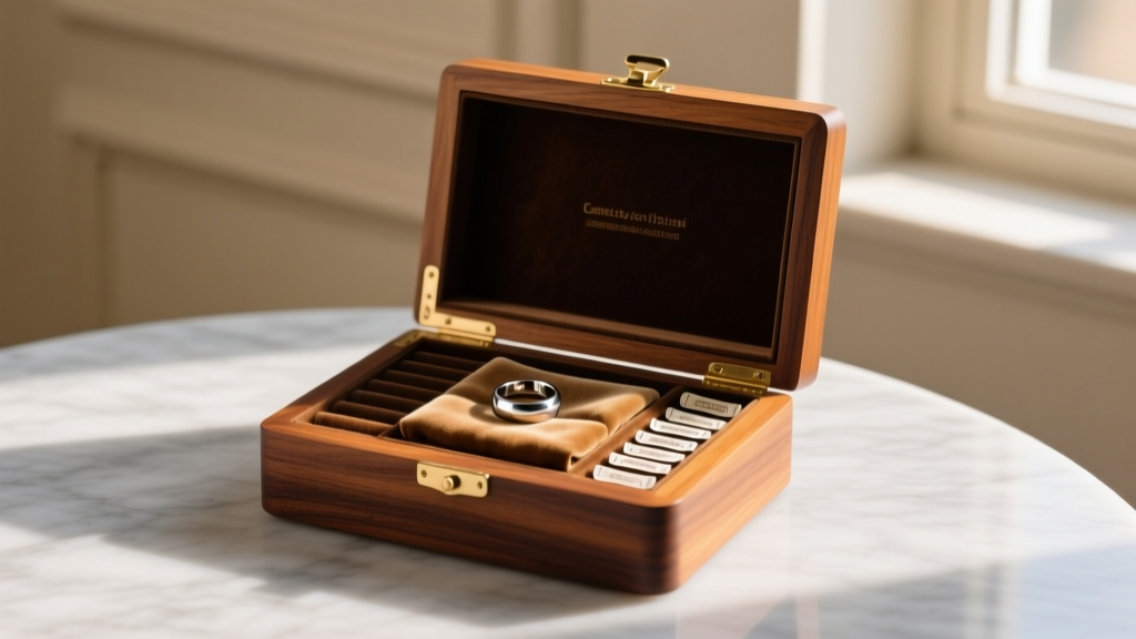Wooden jewelry box containing anti-tarnish strips, a polishing cloth, and a men