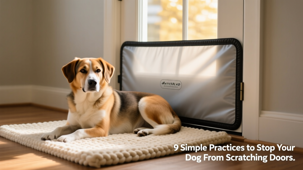 Dog calmly resting on a cozy mat beside a door with a protective cover installed