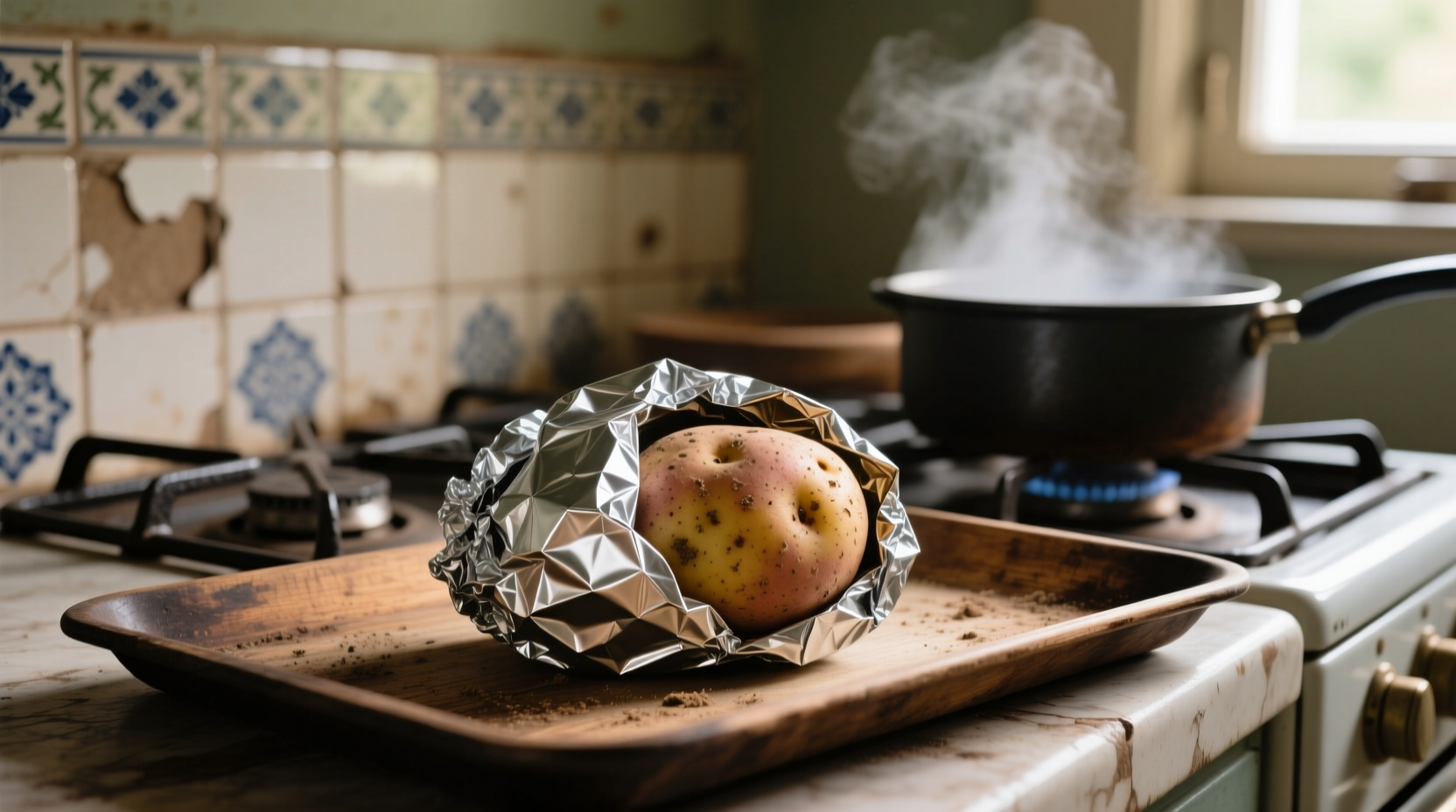 Russet potato wrapped in aluminum foil ready for oven