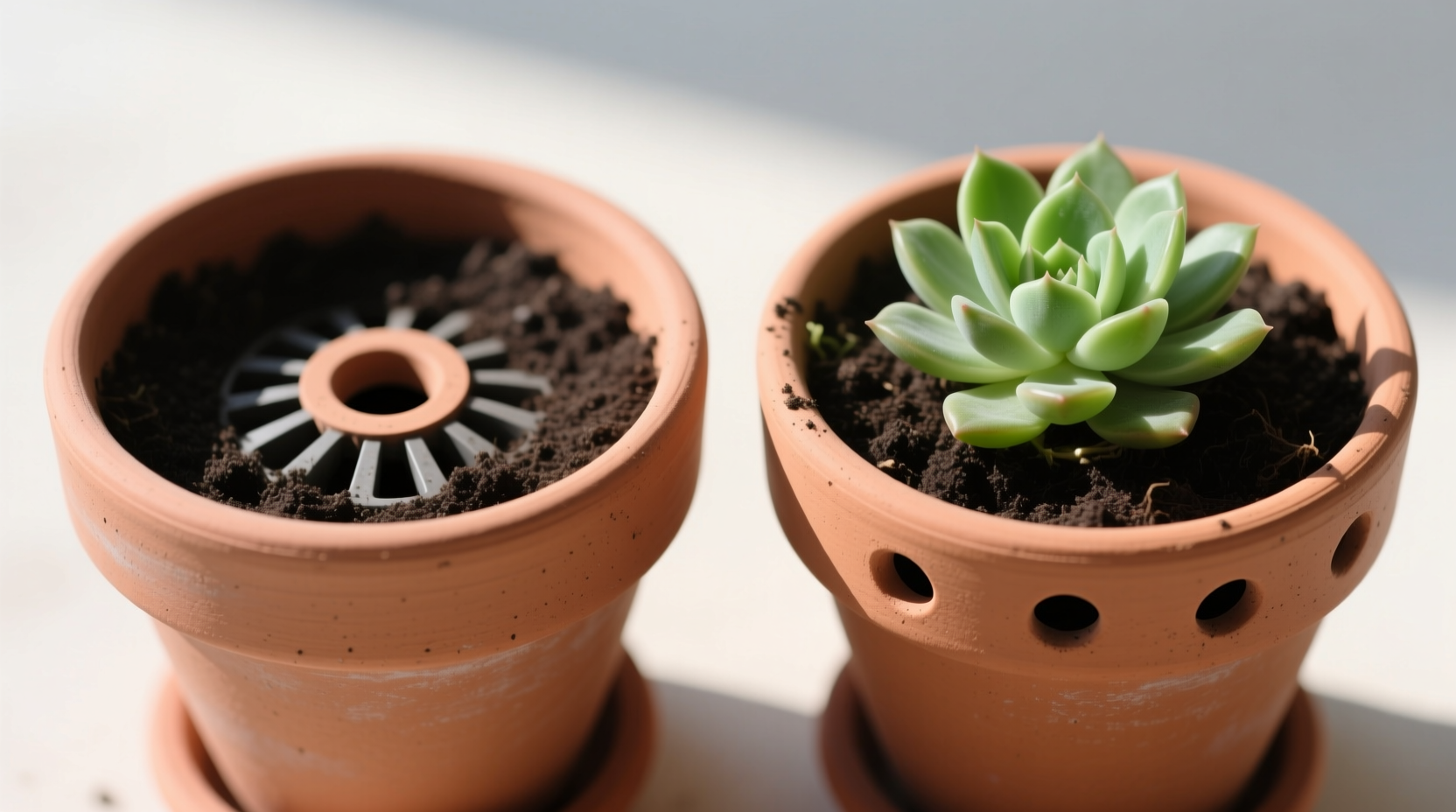 Drainage hole placement guide for container gardening showing common center-hole mistake versus optimal peripheral hole pattern reducing root rot by 40%