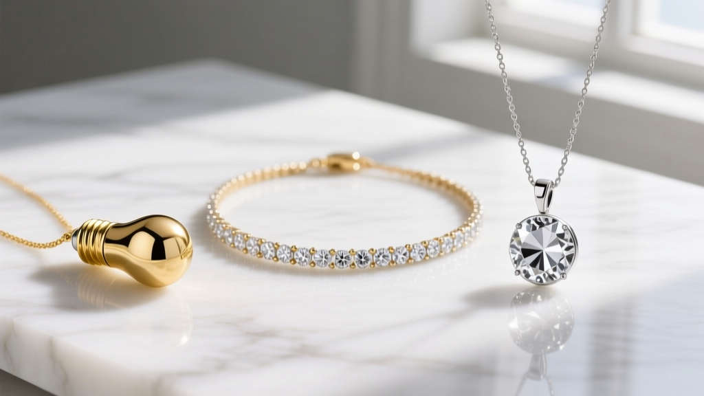 Gold enamel lightbulb charm, diamond strand, and silver crystal pendant necklaces displayed neatly on a white marble surface