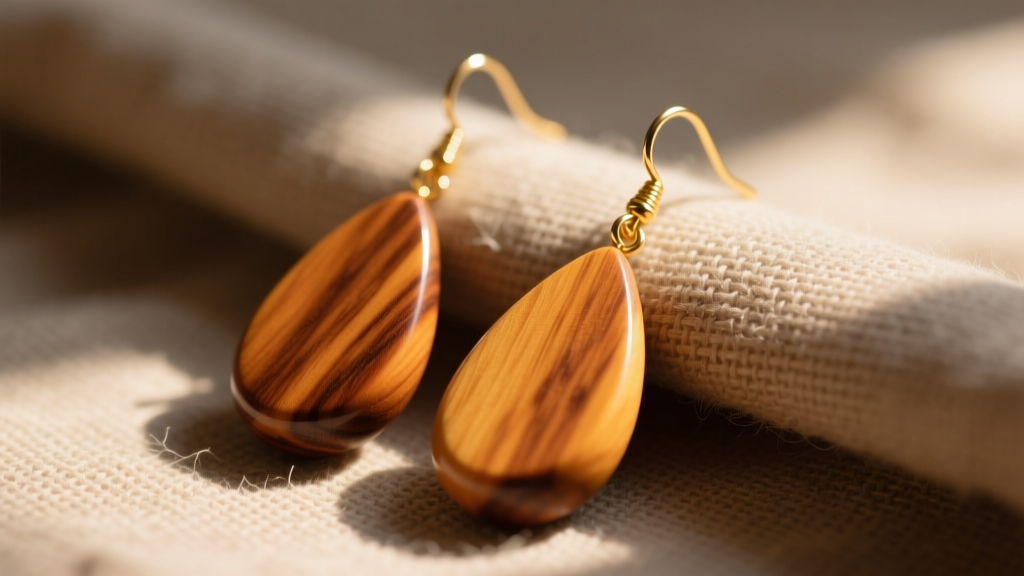 Close-up of polished mango wood teardrop earrings with gold hooks resting on raw linen cloth in warm natural sunlight
