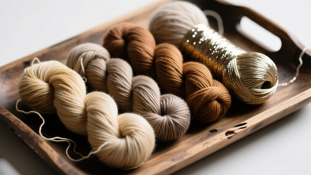 Detailed view of various yarn skeins including bamboo, merino wool, and metallic thread, arranged on a wooden jeweler's workbench.