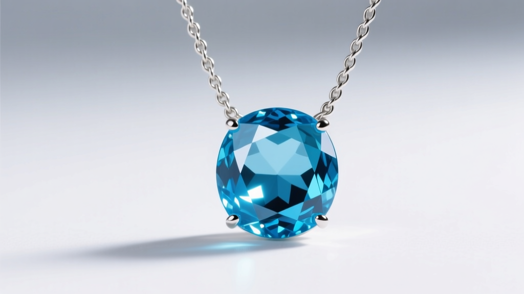 Close-up of a JoJo aqua necklace with a faceted blue aquamarine pendant on a sterling silver cable chain, soft studio lighting.