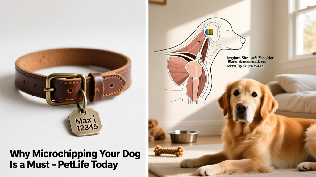 Side-by-side comparison showing a traditional collar tag versus a microchip implant site diagram with clear labeling