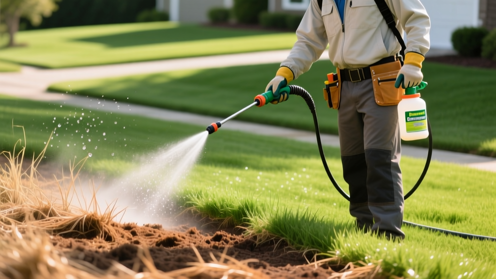 Lawn care professional applying liquid bifenthrin insecticide using a hose-end sprayer to a brown patch of Bermudagrass