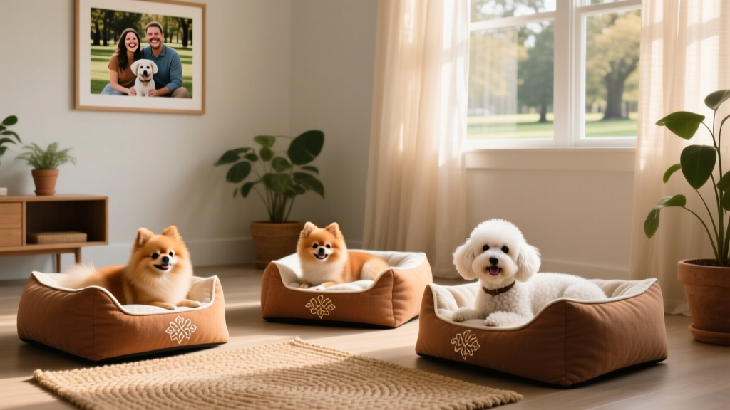 Three small dogs resting peacefully in separate cozy dog beds in a bright, airy living room