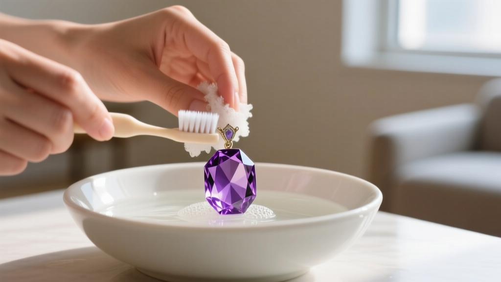 Hands gently scrubbing the pavilion of an amethyst pendant with a soft baby toothbrush in a bowl of lukewarm soapy water