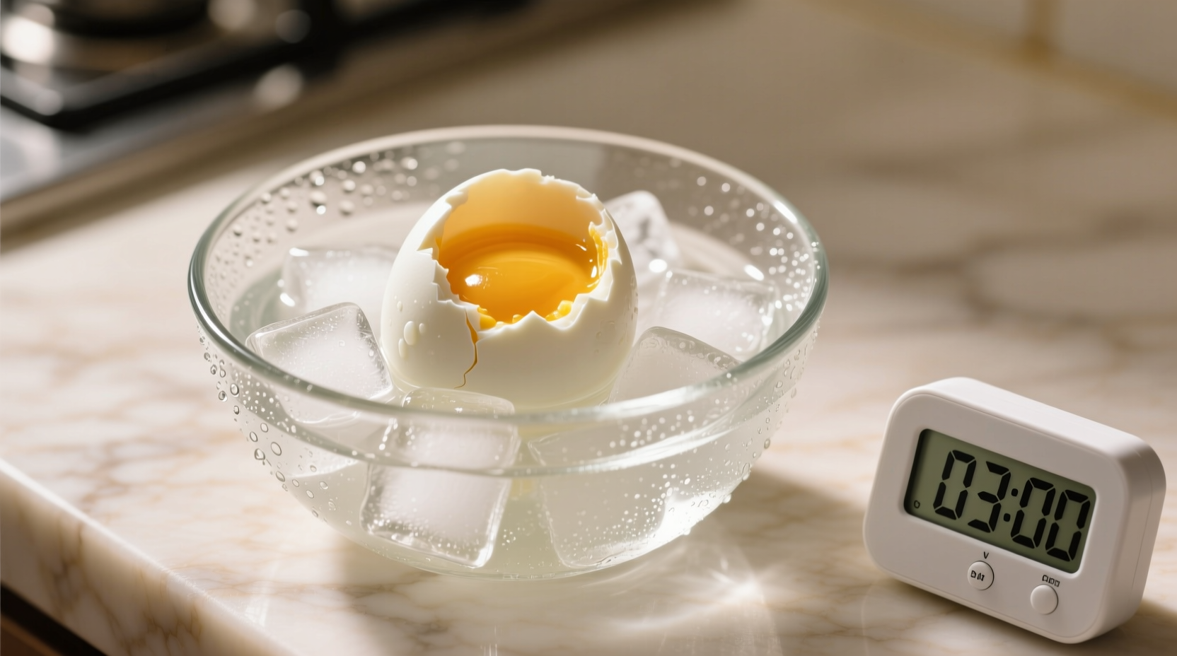 Perfect boiled eggs in ice bath with timer