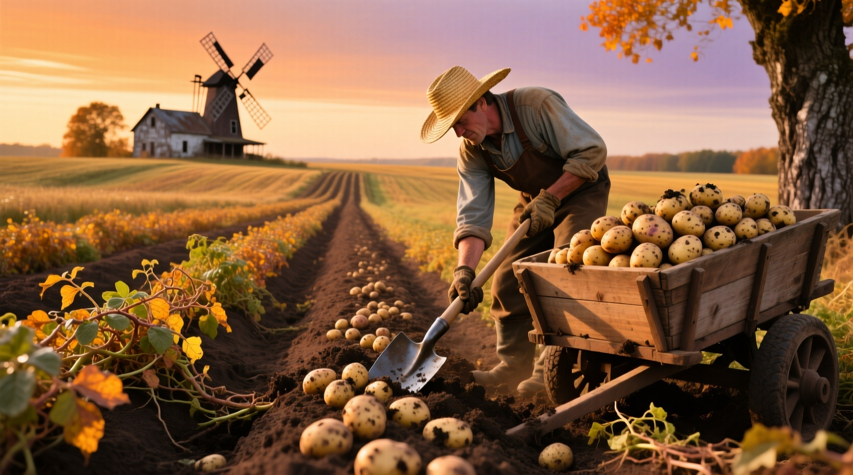 Potato harvest in agricultural field during autumn